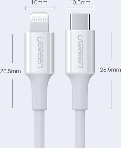 Kabllo Ugreen US171 USB C në Lightning, 0.25m, 36W, e bardhë