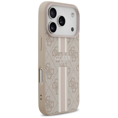 Маска за телефон Guess 4G Printed Stripes MagSafe, за iPhone 17 Pro, еко кожа, беж
