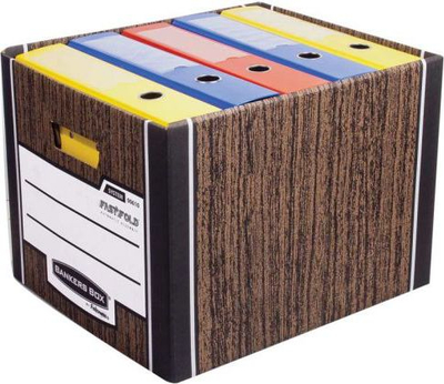 Kuti arkivuese Fellowes Bankers Box Woodgrain, FastFold, karton i trashë, kafe
