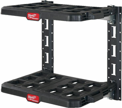 Raf muri Milwaukee Packout prej polimeri, mban deri në 22 kg, plastikë e zezë