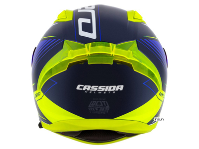 Helmeta integrale Cassida Aero Drome 2026, vizor dielli, ECE 22.06, blu e verdhë fluo