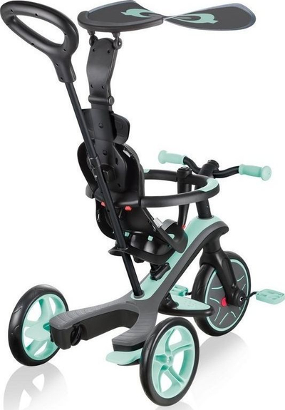 Tricikël për kalamaj Globber Explorer 4‑në‑1, me mbështetëse koke, me çati kundra rrezeve UV, ngjyrë mint jeshile