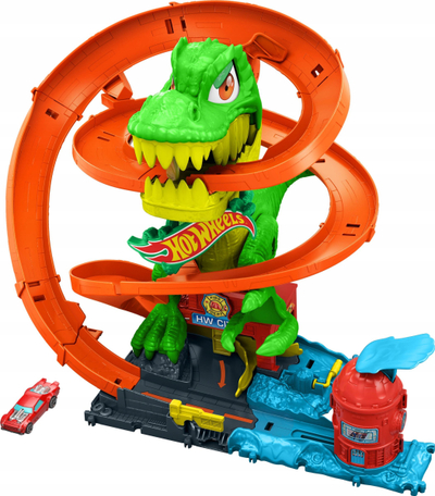 Set loje Hot Wheels City T-Rex Blaze Battle, pistë me dinosaurus, makinë 1:64, shumëngjyrëshe