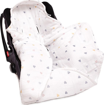 Batanije muslin për ulëse makine Colorful Hearts, me kapuç, për bebe, me zemra shumëngjyrëshe