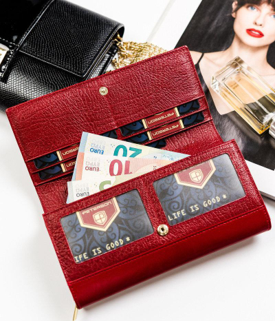 Portofol femrash Peterson Fashionable, lëkurë natyrale, RFID, i kuq