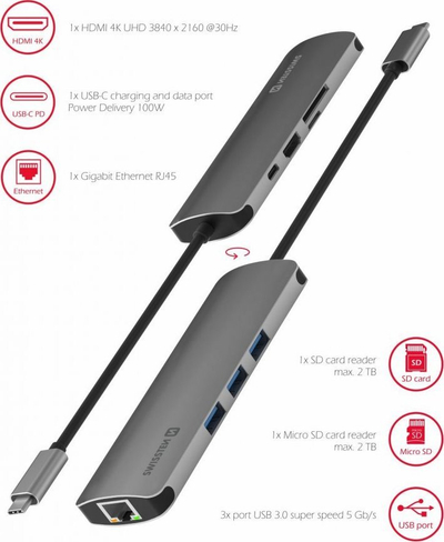 HUB USB C Swissten 8 in 1, HDMI 4K, LAN RJ45, gri alumini