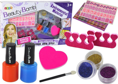 Set manikyri për kalamaj LEAN Toys Beauty Bomb XXL, llakë dhe glitter, me ngjitëse, shumëngjyrësh