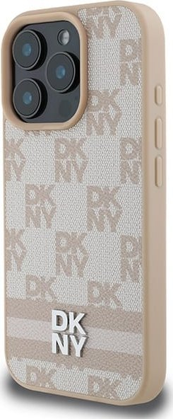 Mbulesë telefoni DKNY prej lëkure PU me katrorë shahu, për iPhone 16 Pro, kornizë TPU, rozë