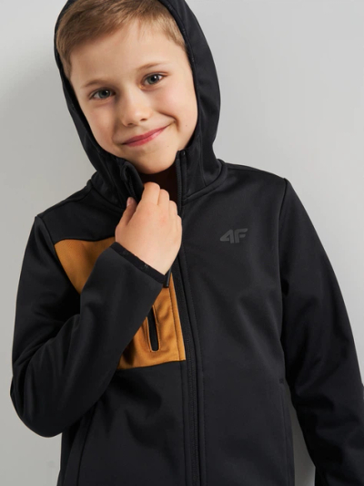 Xhaket softshell për çuna 4F 4FJSS23TSOFM041, me kapuç, 140 cm, e zezë