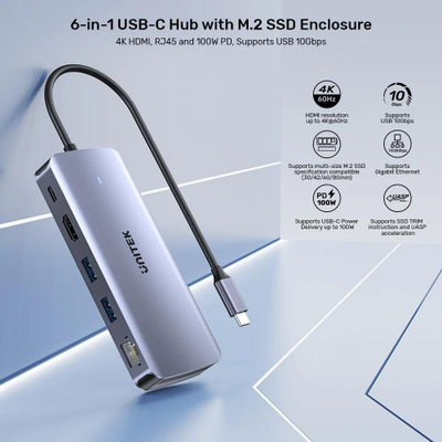 USB-C HUB Unitek 6 во 1, M.2 SSD куќиште, HDMI, PD 100W, сив