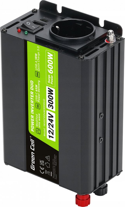 Inverter veture Green Cell Power Inverter DUO, 12V/24V në 230V, 300W 600W, i zi