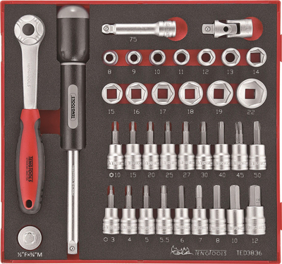 Set çelësash dhe bitash Teng Tools TED3836, 36 pjesë, 3/8", në kuti