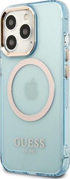 Kapak telefoni Guess GUHMP13LHTCMB për iPhone 13 Pro / 13 6.1", MagSafe, i tejdukshëm, blu me kontur ari