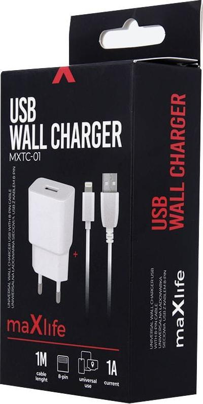 Karikues rrjeti Maxlife 1A me kabllo Lightning, 1 port USB, i bardhë