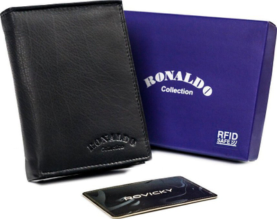 Portofol meshkujsh Ronaldo Collection, lëkurë natyrale, RFID, i zi