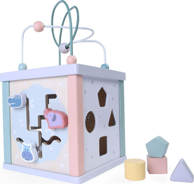 Kub druri edukativ ECOTOYS, sorter formash, labirint rruazash, ngjyra pastel