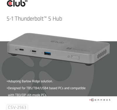 Docking station Club 3D CSV-2563 Thunderbolt 5, 5 në 1, portabël, gri