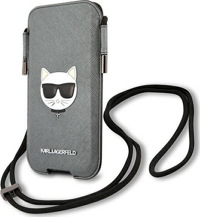 Çantë telefoni Karl Lagerfeld Ikonik Saffiano Choupette Head me rrip, gri