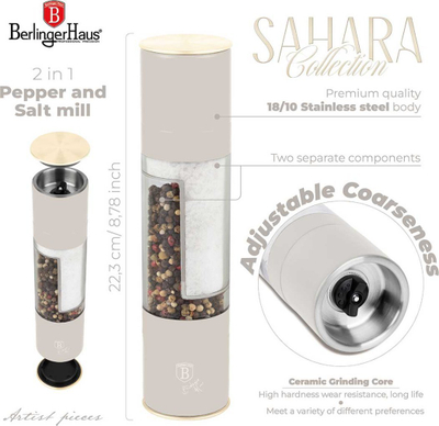 Mulli i dyfishtë për piper dhe kripë Berlinger Haus Sahara BH-8580, trup çelik inox, mekanizëm qeramik, krem mat