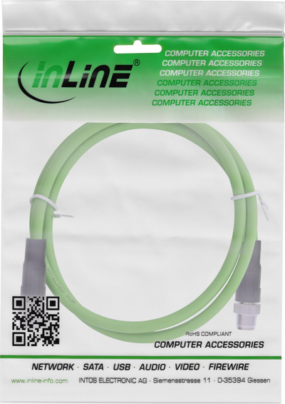 Kabllo industrial rrjeti InLine M12 8-pin mashkull‑mashkull, Cat.6A, 15m, jeshil
