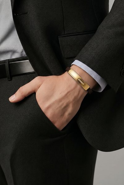 Dorzore Elegante për Meshkuj me Metal Gold dhe Lëkurë Kafe