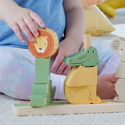 Lodër druri Fisher-Price Wooden Stack and Sort Animals, edukative, shumëngjyrëshe