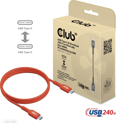 Kabllo USB Club 3D CAC-1511, USB C në USB C, 1 m, e kuqe