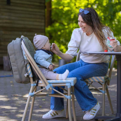 Ruksak për prindër MiniMeis Premium, me ulëse fëmijësh, xhepa termikë, jeshile olive