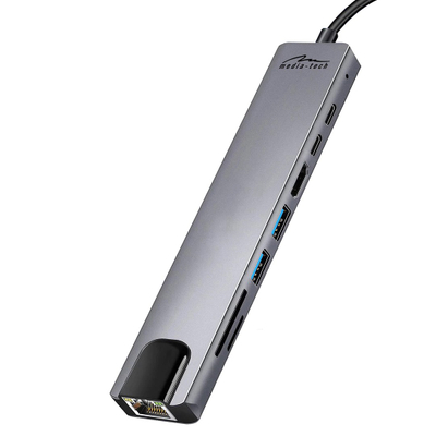 Поврзувачка станица Media-Tech 8 во 1 GIGA LAN HUB MT5046, сива