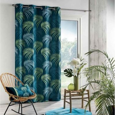 Perde me unaza DOUCEUR D'INTÉRIEUR, 140 x 260 cm, poliester, blu me gjethe e motive bimore